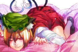 Rule 34 | 1girl, animal ears, artist name, blush, brown hair, cat ears, cat tail, chen, dated, drooling, earrings, fingernails, frills, green hat, hat, hoop earrings, irohara mitabi, jewelry, lips, long sleeves, lying, mary janes, mob cap, multiple tails, nail polish, nekomata, on stomach, one eye closed, pillow, pink eyes, pink nails, red skirt, saliva, shoes, short hair, signature, single earring, skirt, skirt set, slit pupils, solo, tail, text focus, touhou