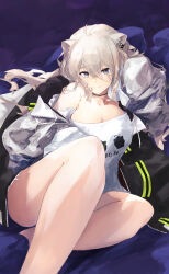 Rule 34 | 1girl, absurdres, ahoge, animal ears, black choker, black jacket, black shorts, breasts, choker, cleavage, clothes writing, grey eyes, grey hair, haimura, highres, hololive, jacket, jewelry, large breasts, lion ears, lion girl, long hair, looking at viewer, necklace, official alternate costume, shirt, shishiro botan, shishiro botan (casual), short shorts, shorts, smile, solo, virtual youtuber, white shirt