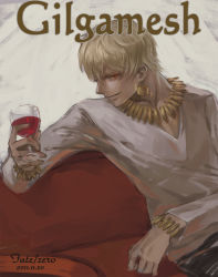Rule 34 | 1boy, alcohol, blonde hair, bracelet, casual, character name, copyright name, cup, drinking glass, earrings, fate/stay night, fate/zero, fate (series), gilgamesh (fate), jewelry, male focus, necklace, official alternate costume, red eyes, short hair, sitting, solo, wine, wine glass, yunvshen