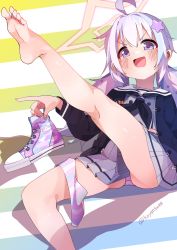 Rule 34 | 1girl, absurdres, ahoge, barefoot, black neckerchief, blue archive, blush, buttons, commentary request, double-breasted, feet, foot out of frame, grey skirt, highres, koyansuee, leaning back, leg up, legs, multicolored background, multicolored hair, neckerchief, open mouth, pleated skirt, purple eyes, purple hair, purple socks, reisa (blue archive), sailor collar, shoes, sidelocks, skirt, sneakers, socks, soles, solo, striped background, striped clothes, striped socks, thighs, toes, twitter username, two-tone hair, unworn legwear, unworn shoe, unworn shoes, v-shaped eyebrows