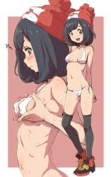 Rule 34 | 1girl, :&lt;, arms behind back, beanie, bikini, black eyes, black hair, black thighhighs, blush, bottomless, breast hold, breasts, clearite, covered erect nipples, creatures (company), frown, game freak, halterneck, hat, looking at viewer, medium breasts, multiple views, navel, nintendo, open mouth, poke ball, pokemon, pokemon sm, profile, red footwear, red hat, selene (pokemon), shoes, side ponytail, simple background, sketch, smile, standing, sweat, swimsuit, thighhighs, white bikini