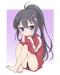 Rule 34 | 1girl, bare legs, barefoot, black hair, blue eyes, blue one-piece swimsuit, blush, closed mouth, crossed ankles, flower, full body, gradient background, hair between eyes, hair flower, hair ornament, hands up, high ponytail, jacket, jigatei (omijin), knees up, long hair, long sleeves, looking at viewer, one-piece swimsuit, pink background, pink flower, pointy ears, ponytail, purple background, red jacket, shirosaki hana, sitting, sleeves past fingers, sleeves past wrists, solo, swimsuit, swimsuit under clothes, track jacket, translation request, very long hair, watashi ni tenshi ga maiorita!, white background