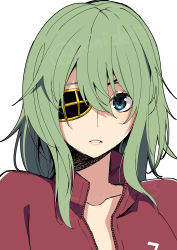 Rule 34 | 1girl, blue eyes, clothes writing, commentary request, eyepatch, green hair, highres, jacket, kantai collection, kiso (kancolle), kiso kai ni (kancolle), looking at viewer, masukuza j, medium hair, official alternate costume, parted lips, red jacket, simple background, solo, track jacket, upper body, white background