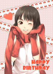 Rule 34 | 1girl, black hair, blush, brown eyes, gloves, happy birthday, heart, heart-shaped pupils, highres, mitsuki meia, mizuki nana, one eye closed, real life, red gloves, red scarf, scarf, voice actor, short hair, smile, solo, symbol-shaped pupils, upper body, wink