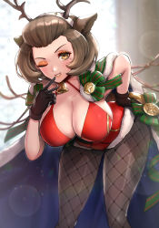 Rule 34 | 1girl, ;d, antlers, bell, bent over, breasts, brown eyes, brown hair, christmas, cleavage, commentary, eyeshadow, fire emblem, fire emblem: three houses, fire emblem heroes, fishnet pantyhose, fishnets, gloves, gonzarez, grin, highres, horns, large breasts, lipstick, looking at viewer, makeup, manuela casagranda, mole, mole under eye, nintendo, official alternate costume, one eye closed, open mouth, orange eyeshadow, orange lips, pantyhose, short hair, smile, solo, v