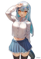 Rule 34 | 1girl, arm up, arpeggio kaga, black thighhighs, blue nails, blue skirt, breasts, buttons, character request, collared shirt, colored inner hair, cowboy shot, crop top, crop top overhang, dress shirt, frilled skirt, frills, hair ornament, hairclip, highres, indie virtual youtuber, long hair, long sleeves, looking at viewer, medium breasts, midriff, miniskirt, multicolored hair, nail polish, navel, partially unbuttoned, pleated skirt, see-through silhouette, shirt, simple background, skirt, snowflake hair ornament, solo, standing, stomach, streaked hair, sweat, tail, thighhighs, virtual youtuber, white background, white hair, white shirt, zettai ryouiki