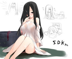 Rule 34 | 1girl, bad id, bad nicoseiga id, black eyes, black hair, blush, breasts, double v, dress, hair over one eye, licking, long hair, octopus, off shoulder, see-through silhouette, sitting, sketch, solo, television, tentacles, the ring, tongue, v, well, wet, wet clothes, wet hair, yamamura sadako, yamane akira
