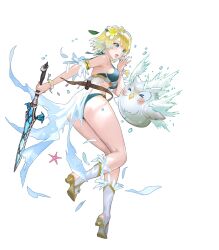 Rule 34 | 1girl, ass, ball, bare shoulders, beachball, bikini, blonde hair, blue eyes, blue hair, bracelet, breasts, criss-cross halter, earrings, feather trim, feathers, feh (fire emblem heroes), fire emblem, fire emblem heroes, fjorm (fire emblem), flower, full body, gradient clothes, gradient hair, hair flower, hair ornament, hairband, halterneck, hand up, high heels, highres, holding, holding weapon, jewelry, leaf, maeshima shigeki, medium breasts, multicolored hair, navel, nintendo, non-web source, official art, open mouth, short hair, solo, starfish, stomach, swimsuit, sword, thighs, torn belt, torn clothes, transparent background, water, water drop, weapon