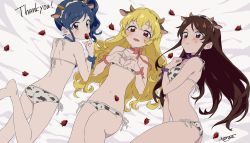 Rule 34 | :d, aikatsu!, aikatsu! (series), animal ears, animal print, ass, back, bare legs, bare shoulders, barefoot, bed sheet, bikini, blonde hair, blue bow, blue eyes, blue hair, blush, bow, bow choker, breasts, brown hair, cleavage, closed mouth, collarbone, commentary request, cow ears, cow horns, cow print, cowboy shot, dutch angle, eating, embarrassed, fake animal ears, fake horns, food, fruit, hairband, halterneck, heart, heart hands, highres, horns, hoshimiya ichigo, kiriya aoi, knee up, leg up, long hair, looking at viewer, looking back, lying, medium breasts, midriff, name connection, navel, on back, on bed, on side, on stomach, open mouth, pink bow, print bikini, print hairband, purple bow, purple eyes, red eyes, shibuki ran, shoulder blades, side-tie bikini bottom, side ponytail, signature, small breasts, smile, stomach, strawberry, string bikini, sweatdrop, swimsuit, teruya (6w6y), thank you, wrist bow