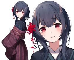 Rule 34 | 1girl, black hair, blush, flower, gin00, hair flower, hair ornament, head tilt, idolmaster, idolmaster shiny colors, japanese clothes, kimono, looking at viewer, morino rinze, multiple views, rain, red eyes, red flower, simple background, smile, water drop, white background