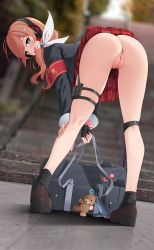 Rule 34 | 1girl, absurdres, anus, armband, ass, bag, bent over, black gloves, black socks, blurry, blurry background, brown footwear, brown hair, cleft of venus, commission, exhibitionism, fingerless gloves, from behind, girls&#039; frontline, gloves, green eyes, headphones, highres, howa type 89 (girls&#039; frontline), long hair, long sleeves, looking at viewer, looking back, no panties, open mouth, outdoors, public indecency, pussy, red skirt, school bag, shoes, skirt, smile, socks, solo, standing, uncensored, z.taiga