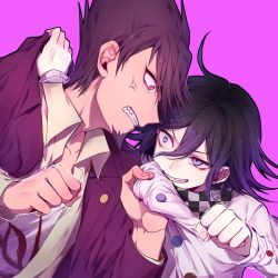 Rule 34 | 2boys, ahoge, anger vein, angry, ascot, battle, beard, black hair, checkered ascot, checkered clothes, checkered scarf, clenched hand, clenched teeth, clothes grab, collared shirt, crazy eyes, danganronpa (series), danganronpa v3: killing harmony, eye contact, facial hair, grabbing, hair between eyes, highres, jacket, long sleeves, looking at another, male focus, momota kaito, multiple boys, nanin, open clothes, open jacket, open mouth, oma kokichi, pink background, purple eyes, purple hair, purple jacket, scarf, school uniform, shirt, simple background, teeth, upper body, white shirt, wing collar