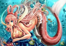 Rule 34 | 1girl, bikini, breasts, cleavage, fish, giant, giantess, large breasts, mermaid, monster girl, one piece, pink hair, ponytail, shirahoshi, solo, swimsuit, underwater