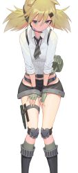 Rule 34 | 1girl, animal ears, bad id, bad twitter id, black footwear, black necktie, black shorts, blonde hair, blue eyes, blue panties, cat ears, cat tail, collared shirt, dress shirt, embarrassed, girls&#039; frontline, hair ornament, hairclip, hand under clothes, headset, highleg, highleg panties, highres, idw (girls&#039; frontline), knee pads, long hair, looking at viewer, low twintails, necktie, panties, pouch, shirt, short shorts, shorts, sleeves rolled up, solo, striped necktie, striped neckwear, suspender shorts, suspenders, tail, thighs, twintails, underwear, washi no tosaka, white shirt