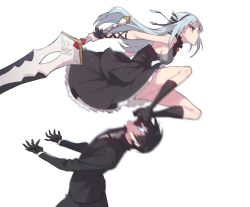 Rule 34 | 1boy, 1girl, black dress, black gloves, black hair, black ribbon, black socks, breasts, closers, dress, foot on head, formal, frilled dress, frills, gloves, grey eyes, hair ribbon, holding, holding sword, holding weapon, hyde (closers), kneehighs, long hair, medium breasts, motion blur, ribbon, shoes, short hair, sideboob, silver hair, simple background, socks, stepped on, suit, supernew, sword, violet (closers), weapon, white background