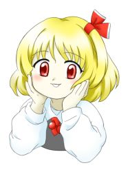 Rule 34 | 1girl, :3, blonde hair, blush, bob cut, cropped torso, eyes visible through hair, grin, hair ribbon, hands on own cheeks, hands on own face, hands up, long sleeves, looking at viewer, necktie, nonamejd, official style, parted lips, puffy long sleeves, puffy sleeves, red eyes, red necktie, red ribbon, ribbon, rumia, short hair, short necktie, simple background, smile, solo, tareme, touhou, undershirt, upper body, white background, wing collar, zun (style)