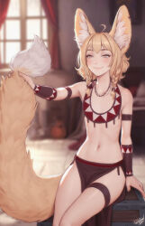 Rule 34 | 1girl, animal ear fluff, animal ears, arm strap, artist name, bead necklace, beads, blonde hair, braid, closed mouth, flat chest, fox ears, fox girl, fox tail, highres, holding own tail, indoors, jewelry, khiara (personal ami), loincloth, meme, navel, necklace, original, personal ami, sitting, smile, tail, thigh strap, twin braids, yellow eyes, you can just give this kind of thing to men and they will be thrilled (meme)