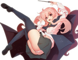 Rule 34 | 1girl, akazawa red, ass, black thighhighs, blush, cape, grey skirt, holding, holding wand, long hair, long sleeves, looking at viewer, louise francoise le blanc de la valliere, mary janes, open mouth, panties, pink eyes, pink hair, pink panties, pleated skirt, school uniform, shirt, shoes, simple background, skirt, smile, solo, thighhighs, underwear, wand, white background, white panties, white shirt, zero no tsukaima