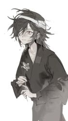 Rule 34 | 1boy, aged down, artist name, bandage over one eye, bandaged head, bandages, black hair, black hanfu, chinese clothes, crying, crying with eyes open, flower, hanfu, highres, holding, holding flower, hua cheng, leaning forward, long hair, looking ahead, qingyun, red eyes, simple background, smile, solo, sparkle, tears, tianguan cifu, white background, white flower