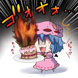 Rule 34 | &gt;:3, 1girl, :3, :d, ^^^, bad food, bad id, bad pixiv id, bat wings, blue hair, blush, bow, cake, candle, chibi, detached wings, dress, female focus, fire, food, hat, hat bow, mini person, mini wings, minigirl, noai nioshi, open mouth, plate, remilia scarlet, ribbon, smile, solo, touhou, translated, turn pale, v-shaped eyebrows, wings, | |