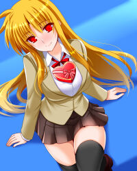 Rule 34 | 1girl, black thighhighs, blazer, blonde hair, bow, bowtie, box, brown jacket, closed mouth, commentary, dress shirt, engo (aquawatery), fate testarossa, flashing, heart-shaped box, highres, jacket, long hair, looking at viewer, lyrical nanoha, object on breast, oppai challenge, red bow, red bowtie, red eyes, school uniform, shirt, sitting, smile, solo, thighhighs, valentine, white shirt, wing collar