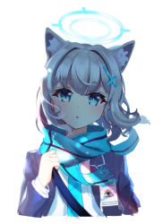 Rule 34 | 1girl, :o, absurdres, animal ear fluff, animal ears, black jacket, blazer, blue archive, blue eyes, blue necktie, blue scarf, cat ears, commentary request, cropped torso, fringe trim, grey hair, hair intakes, hair ornament, halo, hand up, highres, holding strap, jacket, long sleeves, looking at viewer, necktie, open clothes, open jacket, parted lips, sasatabekung, scarf, school uniform, shiroko (blue archive), shirt, simple background, solo, upper body, white background, white shirt