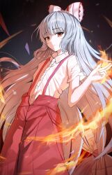 Rule 34 | 1girl, absurdres, bow, buttons, closed mouth, collared shirt, commentary request, dark background, dress shirt, expressionless, feet out of frame, fire, fujiwara no mokou, grey hair, hair bow, hand up, highres, long hair, looking at viewer, orange eyes, pants, pyrokinesis, red bow, red pants, rei yagami, shirt, short sleeves, solo, standing, suspenders, touhou, very long hair, white bow, white shirt