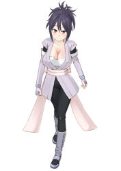 Rule 34 | 1girl, black bodysuit, black hair, bodysuit, breasts, cleavage, detached sleeves, easy (aqk7bdqt), fingerless gloves, fujibayashi sheena, full body, gloves, hair ribbon, hands on own head, large breasts, long hair, obi, pink ribbon, ponytail, purple gloves, ribbon, sash, simple background, smile, solo, tales of (series), tales of symphonia, walking, white background