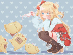 Rule 34 | 1girl, akai haato, akai haato (gothic lolita), blonde hair, blue eyes, blush, boots, bow, brown footwear, brown thighhighs, closed mouth, commentary request, dress, frilled dress, frills, haaton (akai haato), hair bow, hair ornament, hairclip, heart, heart background, heart hair ornament, high heel boots, high heels, highres, holding, holding clothes, holding panties, holding underwear, hololive, knee boots, layered dress, long hair, long sleeves, magowasabi, panties, unworn panties, puffy long sleeves, puffy sleeves, red bow, red dress, smile, solo, squatting, thigh strap, thighhighs, two side up, underwear, virtual youtuber, white panties, x hair ornament