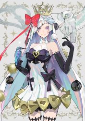 Rule 34 | 1girl, animal, animal on hand, bare shoulders, bird, bird on hand, black gloves, blue hair, bow, breasts, brown bow, brynhildr (fate), christmas ornaments, closed mouth, commentary request, cowboy shot, crown, dress, elbow gloves, fate/grand order, fate (series), gloves, hair bow, hands up, highres, lam (ramdayo), long hair, medium breasts, owl, red bow, sleeveless, sleeveless dress, smile, solo, very long hair, white dress