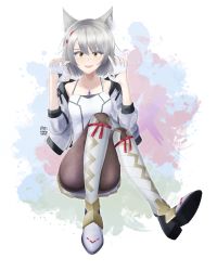 Rule 34 | 1girl, absurdres, animal ears, black pantyhose, breasts, cat ears, chest jewel, gloves, highres, jacket, leggings, mio (xenoblade), pantyhose, red ribbon, ribbon, skirt, small breasts, solo, tank top, ueno kao, white footwear, white gloves, white hair, white jacket, white skirt, white tank top, xenoblade chronicles (series), xenoblade chronicles 3, yellow eyes