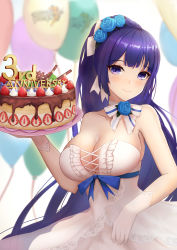 Rule 34 | 1girl, abeen jhong, absurdres, anniversary, balloon, birthday cake, blue flower, blue ribbon, blue rose, blurry, blurry background, blush, bow, bowtie, breasts, cake, cleavage, commentary request, copyright name, dress, flower, food, gloves, hair flower, hair ornament, highres, holding, holding plate, honkai (series), honkai impact 3rd, large breasts, long hair, looking at viewer, plate, purple eyes, purple hair, raiden mei, raiden mei (aeterba purum), raiden mei (valkyrie bladestrike), ribbon, rose, smile, solo, strapless, strapless dress, strawberry shortcake, white dress, white gloves, white ribbon