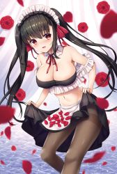 Rule 34 | 1girl, absurdres, apron, bare shoulders, black hair, black skirt, blurry, blurry foreground, blush, bow, breasts, brown pantyhose, cleavage, commentary request, depth of field, flower, hair between eyes, highres, huge filesize, large breasts, long hair, looking at viewer, maid, maid headdress, midriff, navel, neck ribbon, original, pantyhose, parted lips, petals, red bow, red eyes, red flower, red ribbon, red rose, ribbon, rose, skirt, skirt basket, solo, twintails, very long hair, waist apron, wakuta chisaki, water, white apron