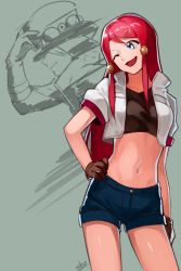 Rule 34 | 1girl, ;d, blue eyes, blue shorts, brown gloves, collarbone, contrapposto, crop top, dezel (tales), gloves, grey background, hair ornament, head tilt, highres, long hair, midriff, navel, one eye closed, open mouth, red hair, rose (tales), shiny skin, short shorts, shorts, signature, smile, solo, standing, stomach, swept bangs, tales of (series), tales of zestiria, ubo (ubo tales), very long hair
