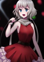 Rule 34 | 10s, 1girl, :d, absurdres, bare shoulders, belt, blue eyes, blush, dress, frilled dress, frills, fur trim, green hair, highres, holding, holding microphone, idol, konno junko, long hair, looking back, low twintails, microphone, open mouth, red dress, shi shi ji, smile, solo, twintails, very long hair, wristband, zombie land saga