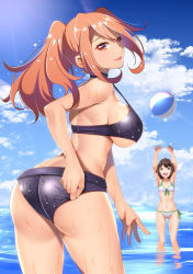 Rule 34 | 2girls, adjusting clothes, adjusting swimsuit, armpits, arms up, ass, ball, bare shoulders, beachball, bikini, blue sky, breasts, brown hair, cloud, collarbone, commentary request, day, highres, large breasts, lipstick, long hair, looking at viewer, looking back, makeup, multiple girls, navel, open mouth, orange eyes, orange hair, outdoors, parted lips, ponytail, short hair, sideboob, sky, smile, swimsuit, underboob, water, wet