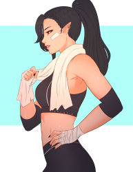 Rule 34 | 1girl, bandaged hand, bandages, breasts, cowboy shot, earrings, elbow sleeve, elezen, elf, final fantasy, final fantasy xiv, hands on own hips, highres, hilda ware, hybrid, hyur, jewelry, koyorin, lips, long hair, medium breasts, midriff, nail polish, pants, pointy ears, ponytail, profile, red eyes, solo, sports bra, sweat, tight clothes, tight pants, towel, towel around neck, two-tone background