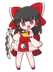 Rule 34 | 1girl, ascot, black hair, bow, brown eyes, collar, detached sleeves, frilled ascot, frilled skirt, frills, geta, gohei, hair bow, hair tubes, hakurei reimu, hand on own hip, highres, loincloth, medium hair, nontraditional miko, op na yarou, open mouth, red bow, red footwear, red shirt, ribbon-trimmed sleeves, ribbon trim, shirt, sidelocks, simple background, skirt, sleeveless, smile, solo, touhou, white background, white collar, white skirt, yellow ascot, yin yang, yin yang print