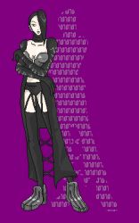 Rule 34 | 1girl, armor, black eyes, black hair, black thighhighs, boots, breastplate, breasts, galerians, galerians: ash, gloves, lowres, nitro (galerians), ponytail, purple background, solo, thighhighs