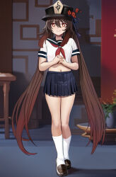 Rule 34 | 1girl, alternate costume, aruman, black nails, black sailor collar, blue skirt, blurry, blurry background, brown footwear, brown hair, commentary, cropped shirt, flower, flower-shaped pupils, full body, genshin impact, hair between eyes, hat, hat flower, highres, hu tao (genshin impact), indoors, interlocked fingers, loafers, long hair, looking at viewer, midriff, navel, neckerchief, own hands together, paid reward available, plant, pleated skirt, plum blossoms, porkpie hat, potted plant, red eyes, red neckerchief, sailor collar, shirt, shoes, short sleeves, skirt, sleeve cuffs, smile, socks, solo, standing, symbol-shaped pupils, table, twintails, variant set, very long hair, white shirt, white socks