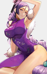 Rule 34 | 1girl, alternate costume, armpits, bare shoulders, breasts, china dress, chinese clothes, closed mouth, covered navel, curvy, dress, fate/grand order, fate (series), folded fan, folding fan, fur scarf, gloves, hand fan, highres, holding, holding fan, large breasts, long hair, low-tied long hair, minamoto no raikou (fate), minamoto no raikou (traveling outfit) (fate), parted bangs, pelvic curtain, purple dress, purple eyes, purple hair, side slit, sitting, sleeveless, smile, solo, thighs, very long hair, vic (vedream)