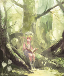 Rule 34 | 1girl, blush, book, boots, dated, day, dress, elf, flower, forest, green hair, hair between eyes, head wreath, highres, holding, holding book, long hair, nagasawa tougo, nature, original, outdoors, pointy ears, red eyes, sidelocks, sitting, smile, solo, tree, twitter username, white dress, white flower