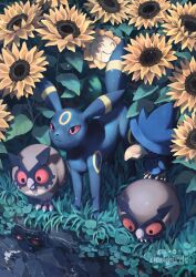 Rule 34 | artist name, clockbirds, colored sclera, commentary, creatures (company), english commentary, field, flower, flower field, game freak, gen 2 pokemon, grass, highres, hoothoot, making-of available, murkrow, night, nintendo, no humans, outdoors, photoshop (medium), plant, pokemon, pokemon (creature), red sclera, sunflora, sunflower, sunflower field, umbreon, water, watermark, yellow flower