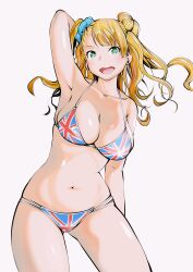 1girl absurdres asymmetrical_hair bikini breasts cleavage collarbone commentary_request flag_print fukushima_masayasu galko hair_bun hair_ornament hair_scrunchie highres long_hair looking_at_viewer multi-strapped_bikini_bottom navel one_side_up open_mouth oshiete!_galko-chan print_bikini scrunchie simple_background single_hair_bun single_side_bun solo swimsuit thighs union_jack union_jack_bikini white_background