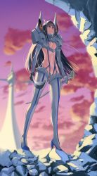Rule 34 | 1girl, absurdres, bakuzan, black hair, blue eyes, boots, breasts, closed mouth, elbow gloves, gloves, highres, holding, holding sword, holding weapon, junketsu, katana, kill la kill, kiryuuin satsuki, long hair, looking down, madaotheory, medium breasts, navel, revealing clothes, sky, solo, standing, stomach, sword, thigh boots, thighhighs, thighs, weapon, white thighhighs