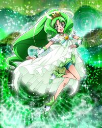 Rule 34 | 1girl, bike shorts under skirt, bow, choker, cure march, cure march (princess form), full body, green choker, green eyes, green hair, green theme, head wings, highres, long hair, magical girl, midorikawa nao, official art, open mouth, precure, precure connection puzzlun, smile, smile precure!, solo, third-party source, tiara, tri tails, very long hair, wings
