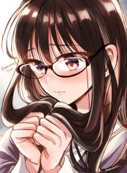 Rule 34 | 1girl, black hair, blush, character name, clenched hands, commentary request, copyright name, embarrassed, from side, glasses, grey shirt, hair between eyes, hands up, himawari-san, himawari-san (character), long hair, long sleeves, looking down, own hands together, parted lips, purple eyes, shirt, simple background, sketch, solo, sugano manami, upper body, white background