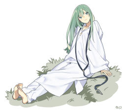 Rule 34 | 1boy, androgynous, arm at side, barefoot, closed mouth, enkidu (fate), fate/strange fake, fate (series), full body, grass, green eyes, green hair, head tilt, hood, hood down, light smile, long hair, long sleeves, looking away, looking to the side, looking up, male focus, matching hair/eyes, robe, rururara, signature, sitting, smile, solo, white background, wide sleeves