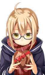 Rule 34 | 1girl, 3:, ahoge, artoria pendragon (all), artoria pendragon (fate), black-framed eyewear, blonde hair, box, box of chocolates, braid, brown scarf, closed mouth, fate/grand order, fate (series), glasses, hair between eyes, hands up, holding, holding box, looking at viewer, mysterious heroine x alter (fate), mysterious heroine x alter (first ascension) (fate), plaid, plaid scarf, red ribbon, ribbon, saber (fate), scarf, semi-rimless eyewear, sidelocks, simple background, solo, under-rim eyewear, upper body, wapokichi, white background