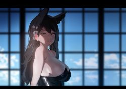 Rule 34 | 1girl, absurdres, animal ears, atago (azur lane), azur lane, bad id, bad twitter id, bare shoulders, black dress, black hair, blue sky, breasts, brown eyes, cloud, commentary request, dress, extra ears, from side, grey ribbon, highres, ihobus, large breasts, long hair, looking at viewer, sideboob, sky, solo, strapless, strapless dress, swept bangs, tongue, tongue out, window